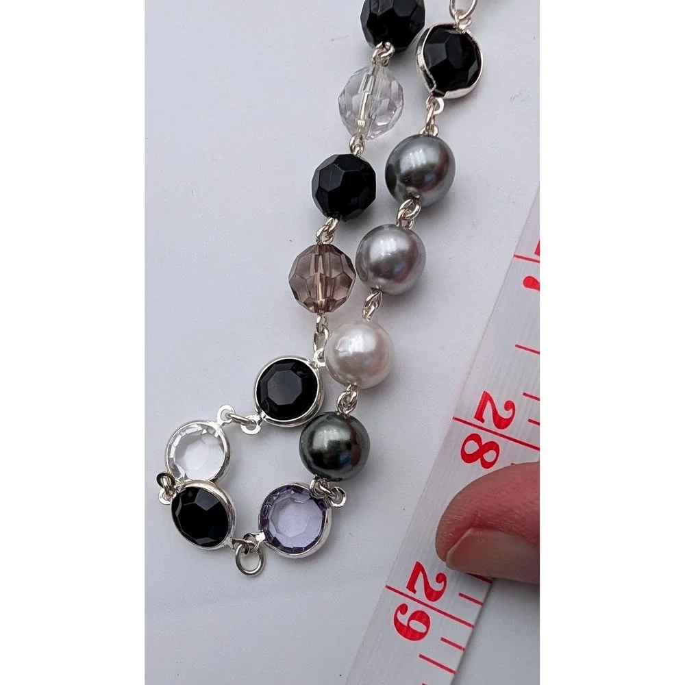 Lia Sophia Long Station Necklace Faux Pearl Crystal Silver Tone Black Lavender